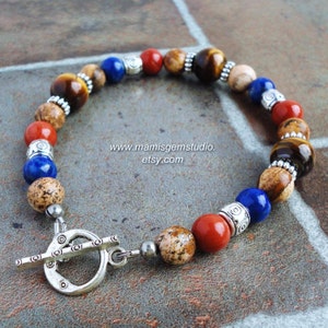 Mens Bracelet, Brown Tiger Eye, Blue Lapis, Red Jasper, Gemstone Beaded Mens Jewelry, Made in USA, Patriotic image 1