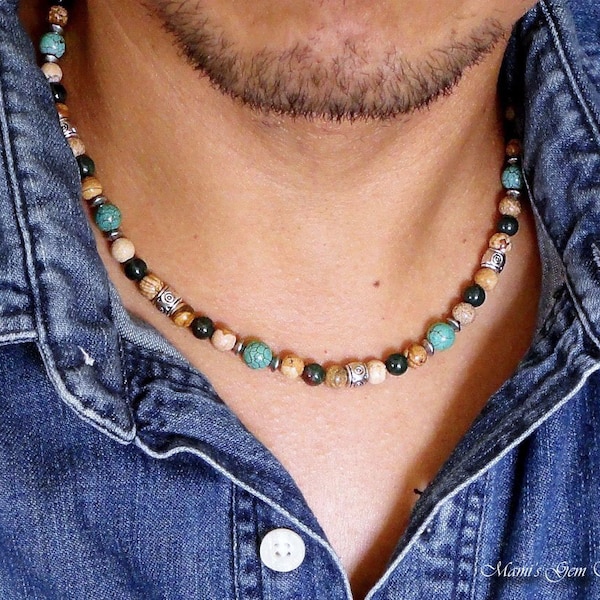 Mens Necklace, Blue Green Magnesite, Bloodstone, Picture Jasper, Stone Bead Necklace, Choker, Mens Casual Jewelry