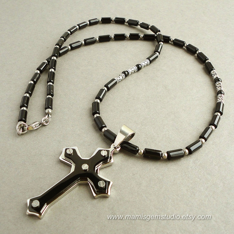 Black Onyx Beaded Mens Cross Necklace Stainless Steel 2tone Etsy
