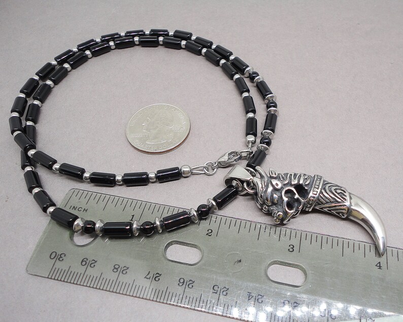 Handmade Jewelry Stainless Steel Dragon Head Tusk Pendant on Black Onyx Gemstone Necklace 22in for Men