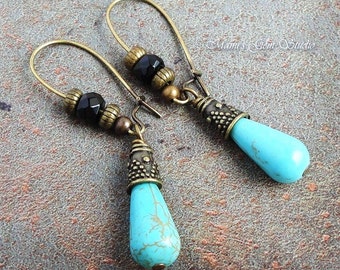 Blue Green Magnesite and Black Onyx Gemstone Earrings with Antiqued Brass Kidney Earwires, Handcrafted