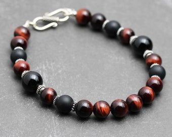 Grade AA Red Tiger Eye and Black Onyx Gemstone Bracelet for Men in Sterling Silver, Beaded Handcrafted in USA