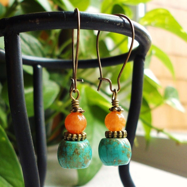 Teal Green Magnesite and Orange Aventurine Earrings Handmade in USA