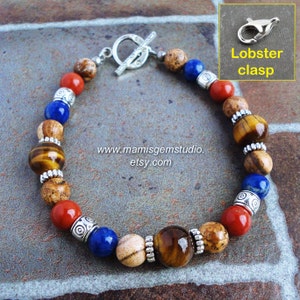 Mens Bracelet, Brown Tiger Eye, Blue Lapis, Red Jasper, Gemstone Beaded Mens Jewelry, Made in USA, Patriotic image 3