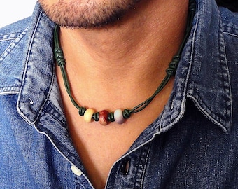 Green Leather Cord and Multi-color Gemstone Tribal Style Choker Necklace for Men, Women, Unisex - Jasper, Indian Agate Stone