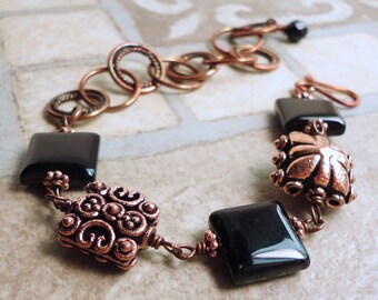 Black Onyx Gemstone and Antiqued Genuine Copper Bracelet, Size Adjustable, Handcrafted in USA