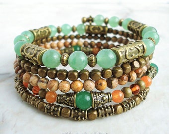 Memory Wire Bracelet, Earthy Gemstone Beaded Bangle Wrap Around, Aventurine, Amber, Brass, Green Orange, Boho Gypsy