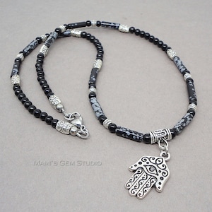 Hand of Hamsa Charm Necklace for Men, Black Onyx Snowflake Obsidian, Gemstone, Beaded Mens Necklace, Handmade