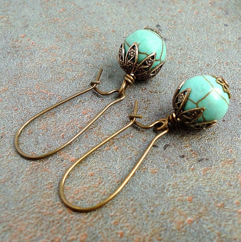 Teal Green Magnesite Earrings in Antiqued Brass, Semi Precious Gemstone Earrings, Handcrafted Jewelry image 3