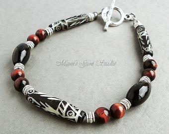 Men's Tribal Bracelet with Carved Bone, Black Onyx, and Red Tiger Eye - Tribal Jewelry for Men, Guys, Him, Dad