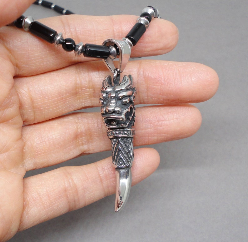 Handmade Jewelry Stainless Steel Dragon Head Tusk Pendant on Black Onyx Gemstone Necklace 22in for Men
