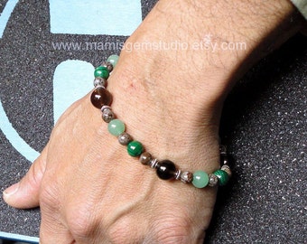 Mens Bead Bracelet, Green Aventurine, Malachite, Smoky Quartz, Brown Jasper Stone Bracelet for Men, Guys, Dad, Him, Handcrafted Jewelry