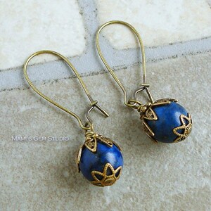 Blue Lapis Lazuli Earrings in Antiqued Brass, Kidney Earwires, Handcrafted Gemstone Jewelry image 2