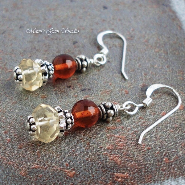Baltic Amber and Citrine Gemstone Earrings with Bali 925 Sterling Silver, Handcrafted Jewelry, Honey Yellow Dangle Earrings