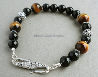 Black Onyx Brown Tiger Eye Mens Bracelet, Bali Sterling Silver, Beaded Bracelet for Men, Guys, Dad, Him, Mens Jewelry