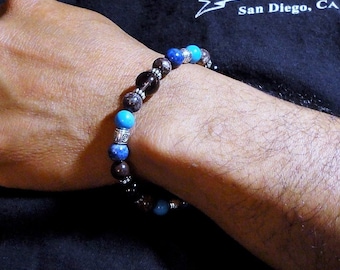 Mens Bracelet, Lapis Lazuli, Blue Howlite, Smoky Quartz, Brown Jasper - Beaded Mens Jewelry