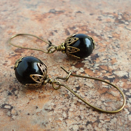 Black Onyx Earrings in Antiqued Brass, Kidney Earwires, Handcrafted shops Gemstone Jewelry