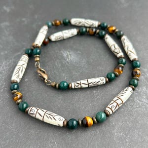 Tribal Inspired Handmade Necklace for Men | Beaded with Carved Bone, Bloodstone, Tiger Eye, Brass | Green, Brown Stone