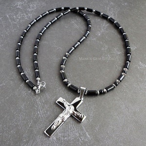 Unisex Cross Necklace Stainless Steel Crucifix Cross Pendant & Black Onyx Beaded Necklace for Men, Women image 1