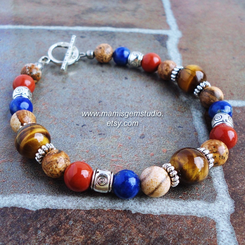 Mens Bracelet, Brown Tiger Eye, Blue Lapis, Red Jasper, Gemstone Beaded Mens Jewelry, Made in USA, Patriotic image 2