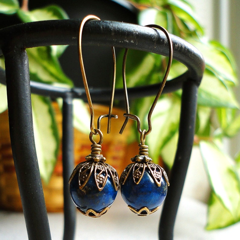 Blue Lapis Lazuli Earrings in Antiqued Brass, Kidney Earwires, Handcrafted Gemstone Jewelry image 3