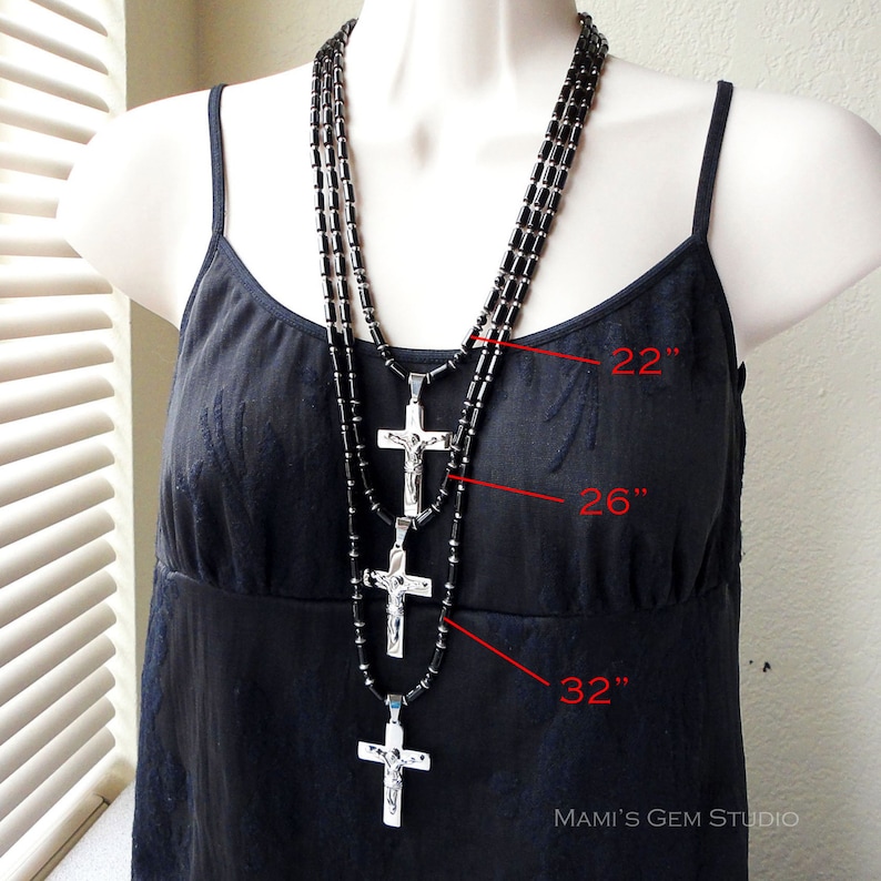 Unisex Cross Necklace Stainless Steel Crucifix Cross Pendant & Black Onyx Beaded Necklace for Men, Women image 5