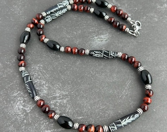 Men&#39;s Necklace, Tribal Necklace, Carved Bone, Black Onyx, Red Tiger Eye Beaded Necklace for Men, Guys, Mens Jewelry