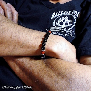 Black Onyx and Red Jasper Mens Bracelet, Beaded Gemstone Bracelet, Handmade Jewelry for Men, Guys, Dads, Him