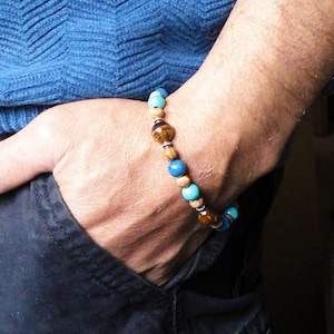Blue Lapis, Magnesite, Tiger Eye, Jasper, Bali Sterling Silver, Mens Beaded Stone Bracelet, Handmade Jewelry for Men
