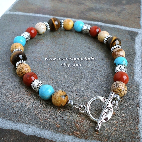 Brown Leather Bracelet with Turquoise-color Magnesite Beads Toggle Closure Brown Leather Bracelet with Turquoise-color Magnesite Beads Toggle Closure