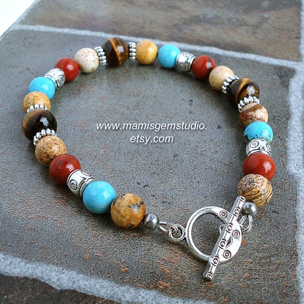 Bracciale con perline da uomo, occhio di tigre, magnesite blu, diaspro rosso, gioielli sud-occidentali, nativi, tribali, casual per uomo