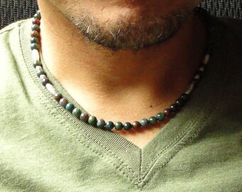Multi-color Natural Indian Bloodstone Beaded Necklace for Men, Handcrafted in USA - Limited Edition