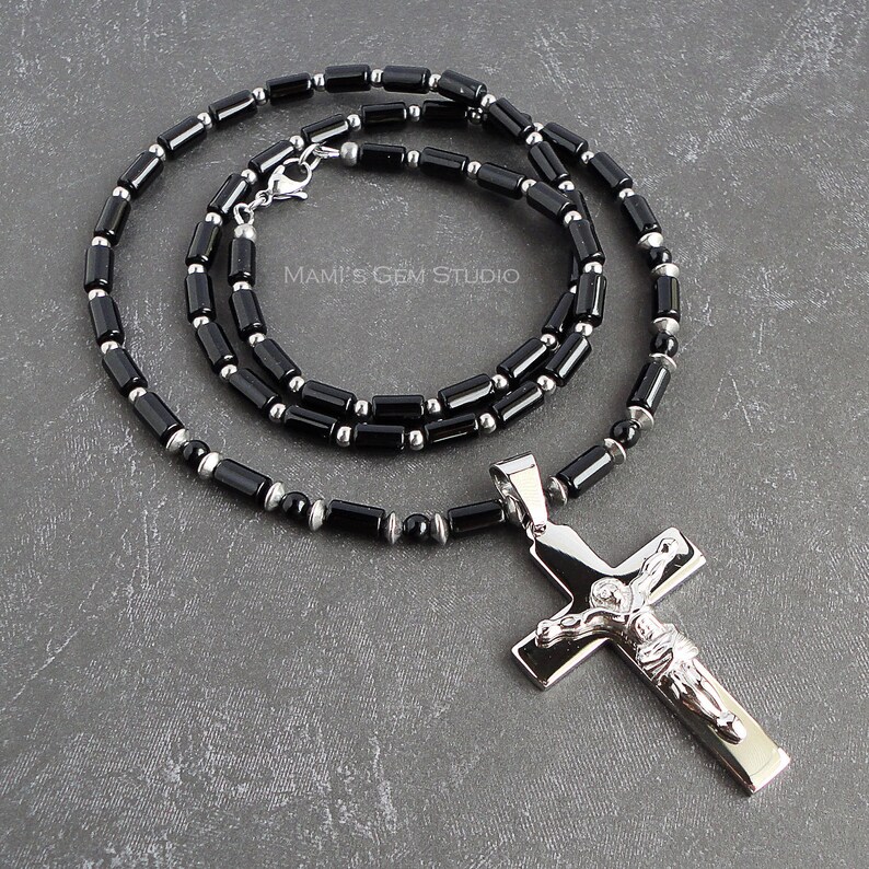 Unisex Cross Necklace Stainless Steel Crucifix Cross Pendant & Black Onyx Beaded Necklace for Men, Women image 2