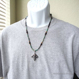 Mens Green Gemstone Necklace 24in, Fleur De Lis Stainless Steel Pendant, Verdite, Black Onyx, Tiger Eye, Handmade image 4