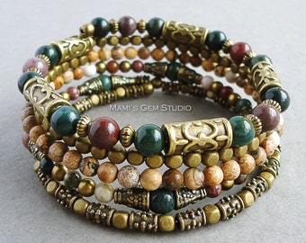 Boho Gypsy Bracelet, Wrap Around Bracelet, Beaded Memory Wire Bracelet, Bloodstone, Jasper, Antique Brass, Green Pink Brown