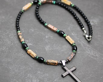 Prayer Cross Pendant (Spanish Version) with Leopardskin Jasper, Black Onyx, and Turquoise Beaded Necklace in Stainless Steel