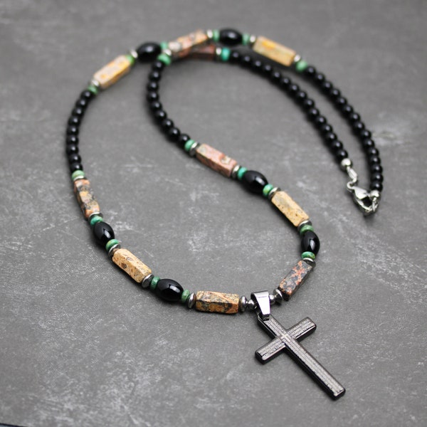 Prayer Cross Pendant (Spanish Version) with Leopardskin Jasper, Black Onyx, and Turquoise Beaded Necklace in Stainless Steel