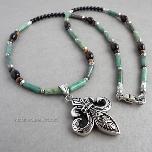 Mens Green Gemstone Necklace 24in, Fleur De Lis Stainless Steel Pendant, Verdite, Black Onyx, Tiger Eye, Handmade image 2