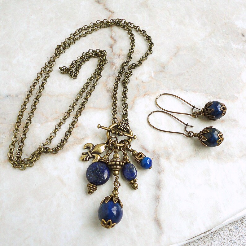 Blue Lapis Lazuli Earrings in Antiqued Brass, Kidney Earwires, Handcrafted Gemstone Jewelry image 5