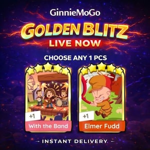 May include: A GinnieMoGo Golden Blitz digital card selection screen featuring two five-star cards. The left card shows a band performing on a stage labeled With the Band. The right card shows Elmer Fudd in a forest setting. Text reads LIVE NOW.