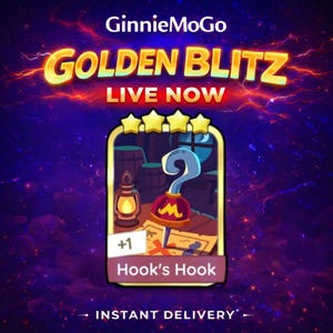May include: A promotional graphic for GinnieMoGo's Golden Blitz event. The image features a pirate-themed card with Hook's Hook, a lantern, and a treasure map. The background is a dark blue with stars and lightning.