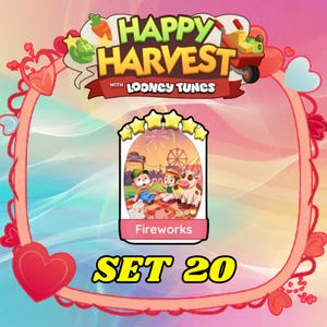 May include: A digital game card titled Fireworks from Set 20 of Happy Harvest with Looney Tunes. The card features a five-star rating, a picnic scene with two cartoon characters and a cow, a Ferris wheel, and fireworks in the background.