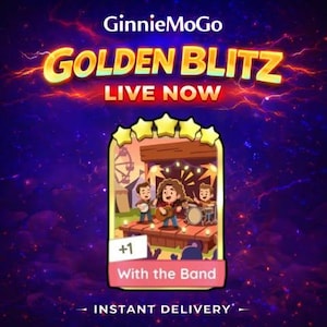 May include: A digital game card titled With the Band featuring a cartoon musical trio on a stage under five gold stars. The background is a dark purple with red lightning effects and the text GinnieMoGo GOLDEN BLITZ LIVE NOW INSTANT DELIVERY.