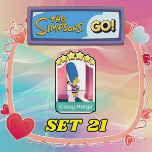 May include: A digital trading card from The Simpsons GO! featuring a character with tall blue hair wearing a pink suit. The card is labeled Classy Marge and displays five yellow stars at the top. The text SET 21 appears in yellow below the card, set against a background with pink and blue heart graphics.