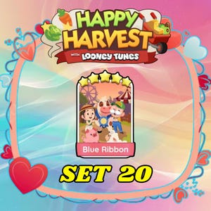May include: A digital game card titled Blue Ribbon from the Happy Harvest with Looney Tunes collection, Set 20. The card features a five-star rating, a cow with a blue ribbon, a pig, a sheep, and two human characters in a farm setting.