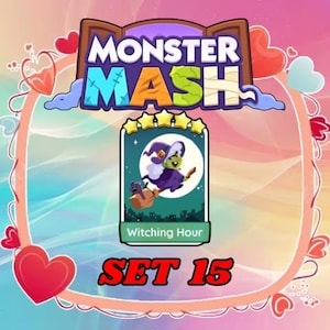 Op de afbeelding: Een digitale spelkaart getiteld Witching Hour uit Set 15 van Monster Mash. De kaart toont een groenhuidige heks met een paarse hoed en gewaad op een bruine bezemsteel voor een volle maan, met een kleine zwarte kat op de steel van de bezem.