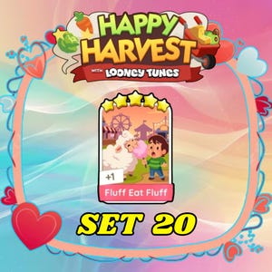 May include: A digital game card titled Fluff Eat Fluff from Set 20 of Happy Harvest with Looney Tunes. The card features a cartoon illustration of a person feeding pink cotton candy to a white sheep at a fairground, topped with five yellow stars.