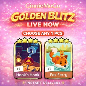 May include: Promotional graphic for GinnieMoGo's Golden Blitz event. The image features two game card options: "Hook's Hook" and "Fox Ferry." The text "LIVE NOW" and "CHOOSE ANY 1 PCS" are also displayed. The background is a pink and purple gradient with lightning bolts.