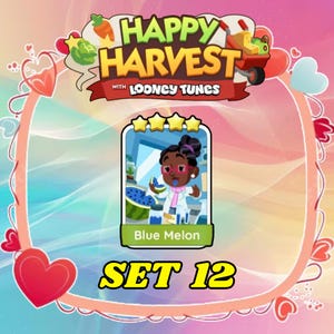 May include: A digital game card titled Happy Harvest with Looney Tunes featuring a character in a lab coat eating a blue watermelon slice. The card is labeled Blue Melon and marked as Set 12, surrounded by a decorative border with heart shapes.