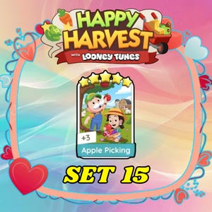 May include: A digital game card titled Apple Picking from Happy Harvest with Looney Tunes Set 15. The card features a cartoon illustration of two characters harvesting red apples in an orchard with a barn in the background and five gold stars.